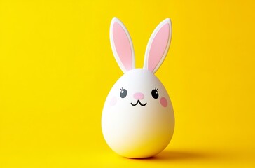 A cute bunny egg with delightful pink ears set against a vibrant yellow background perfect for Easter themes
