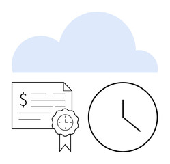 Cloud icon, certificate with dollar sign and a clock icon indicating efficient time and finance management. Ideal for cloud storage, time management, financial planning, certifications, online