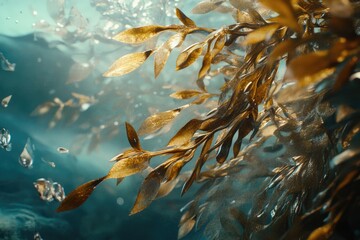 Golden kelp swaying gently in turquoise underwater currents, sunlight filtering through.