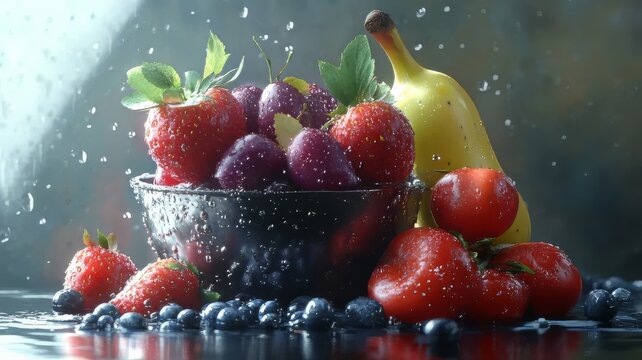 Vibrant bowl of fresh strawberries, blueberries, plums, and a banana, glistening with water droplets, perfect for healthy lifestyle and culinary promotions.