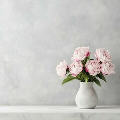 Fototapeta premium Empty white marble table with pink peonies in vase on concrete wall. Modern product presentation with copy space. Minimalist display scene with spring flowers.