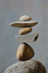 A stack of earthy stones balanced artistically against a muted gray background