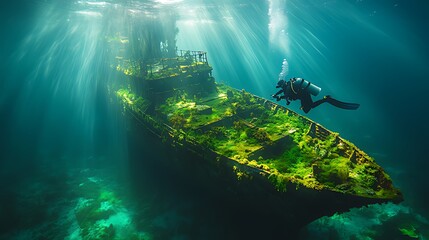 Diver exploring sunlit shipwreck, ocean, reef background