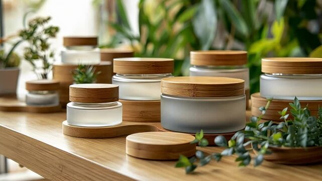 Frosted glass cosmetic jars with bamboo lids sit on a wooden display table, surrounded by small plants, creating a scene that emphasizes natural and sustainable beauty products