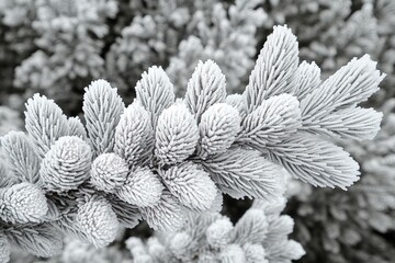 Winter Nature scene with spruce branch covered in frost