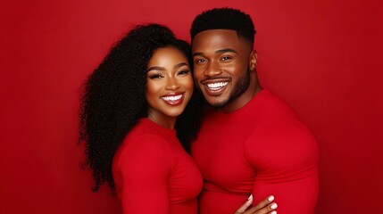 Obraz premium Young black couple hugging and smiling in red clothes isolated on red background. Portrait of African American man and woman in love.