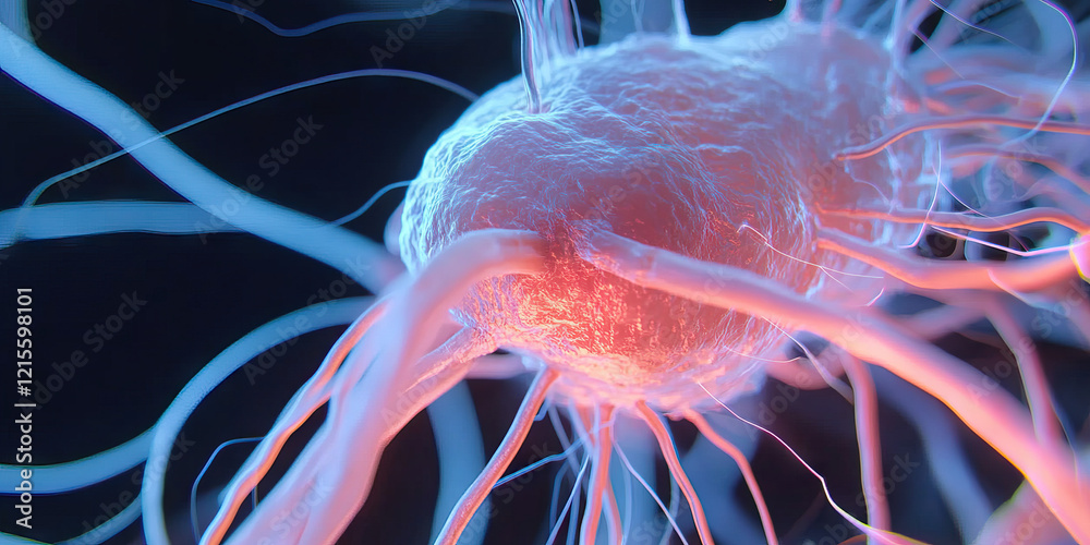 Poster digital rendering of a cell with filamentous extensions