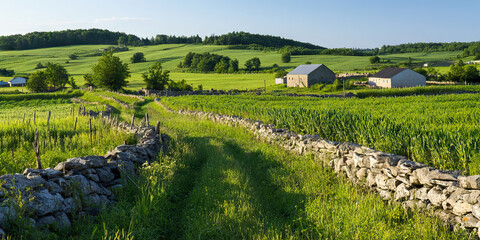 Rural Landscape with Stone Barns and Walls