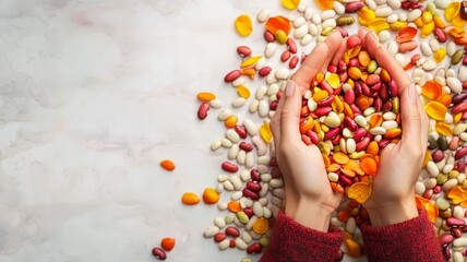 Hands cradling a vibrant assortment of colorful legumes and seeds, symbolizing health, abundance, and sustainable living.