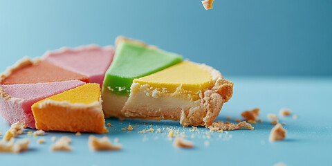 Multicolored Tart with Missing Segment on Blue Background
