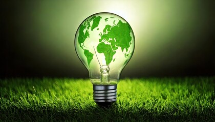 a green light bulb in the grass symbolizes green energy, sustainability but also climate change and global warming.