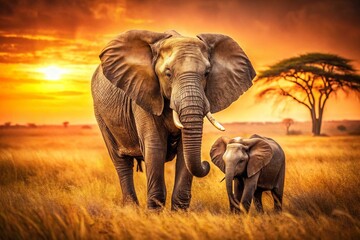 Fototapeta premium Vintage Serengeti: Mother African Elephant & Calf, Tanzania