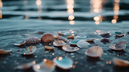 A collection of seashells glisten at the water's edge, with soft bokeh lights dancing in the background, evoking memories of the ocean shore.