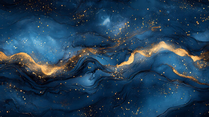 An ethereal night sky with stars twinkling in shades of gold and blue against a deep indigo background, dreamy, blue. Indigo Skies. Illustration