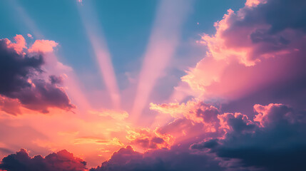 Fototapeta premium Breathtaking sunset clouds in maroon and indigo anime aesthetic skies with ethereal light beams and aesthetic anime. Indigo Skies. Illustration