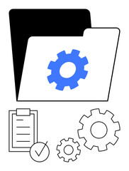 Gear inside a file folder, checklist with a tick, and cogwheels. Ideal for organization, productivity, process optimization, efficiency, workflow planning, data systems abstract line flat metaphor