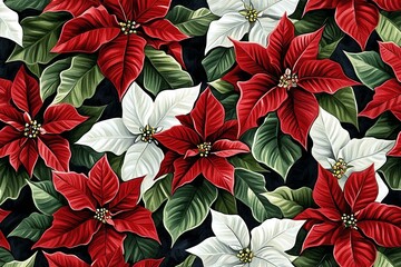 Seamless vector pattern with red and white poinsettia flowers isolated on a changeable background.