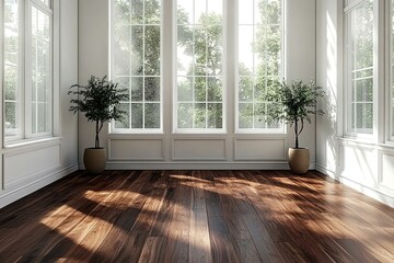 stock photo features an empty room with white walls hardwood floors and large windows creating a sense of spaciousness and potential for customization or decoration