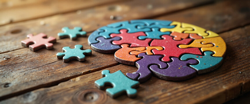 Colorful brain-shaped puzzle on wooden table