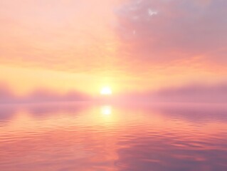 Fototapeta premium A tranquil sunrise over a still lake, with soft mist rising from the water.