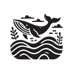 Black Color Whale silhouette design Vector Illustration, Solid White Background (3).eps