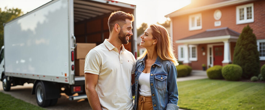 Happy couple smiling in front of moving truck and house