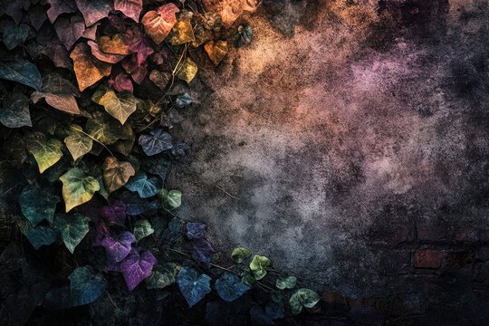 Vibrant autumn ivy leaves climbing a textured wall, creating a dark, moody autumnal scene.