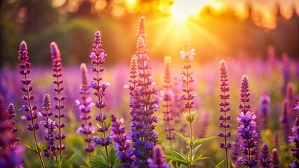 Obraz premium Vintage Summer Meadow: Sage Salvia & Medicinal Herbs in Warm Evening Sunlight