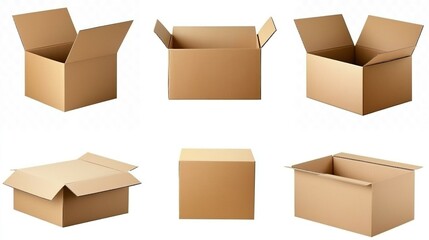 Set of open and closed cardboard boxes of different sizes isolated on transparent background.