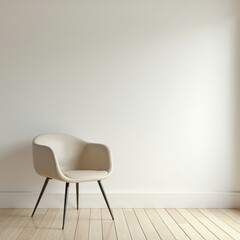 Beige armchair in a minimalist room with light wood floors and white walls.  Simple, elegant, and modern interior design.