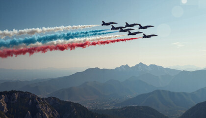 Jets performing aerobatic display over mountain landscape