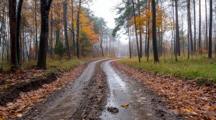 Fototapeta premium A winding forest path carpeted in autumn leaves leads into the misty woods, enveloped in tranquility and mystery, inviting one to explore its hidden depths.