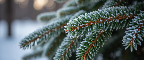 Frosty pine branches in winter closeup