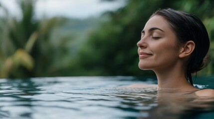 Woman enjoying a tranquil moment in a natural infinity pool surrounded by lush greenery in a tropical setting