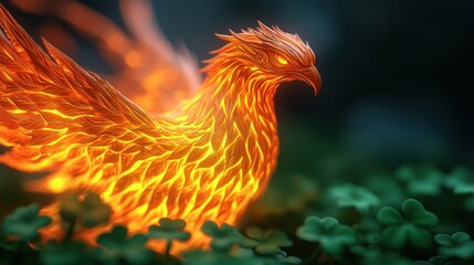 Fototapeta premium A glowing phoenix rises among lush greenery, embodying rebirth and mystical beauty with its fiery feathers and captivating presence.