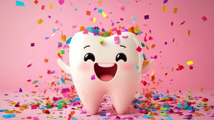 Joyful celebration of dental health with a cheerful tooth character spreading happiness and confetti at a fun event