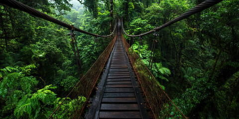 Wooden Suspension Bridge in Rainforest Canopy