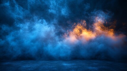 Dark blue and orange smoky background with textured floor.