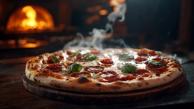 Delicious pepperoni pizza fragrances waft through a cozy pizzeria with warm fire ambiance