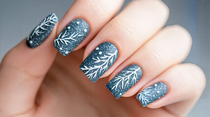 Winter nail art with snowflake design on blue background