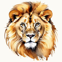 Hand drawn watercolor painting of a cute Lion Portrait isolated on white background. African feline colored art. Wild animals collection vector illustration.	