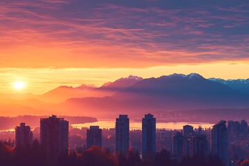 Fototapeta premium Sunset Cityscape with Mountain Backdrop