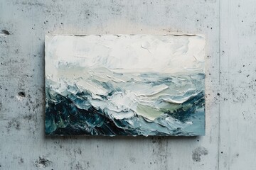 Impasto oil painting depicting a dramatic seascape with textured waves and a serene sky.