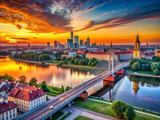 Fototapeta premium Warsaw Panorama with Srednicowy Bridge at Sunset - Stunning Cityscape Stock Photo