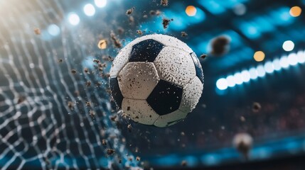 Fototapeta premium Exciting moment as soccer ball hits the net during a thrilling night match under stadium lights