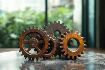 Rusty gears interlock, symbolizing teamwork, mechanics, and industrial heritage.