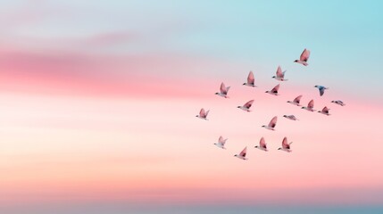 Obraz premium A vibrant flock of birds soars across a pastel sky at dusk, creating an artistic formation against a beautifully colored horizon.