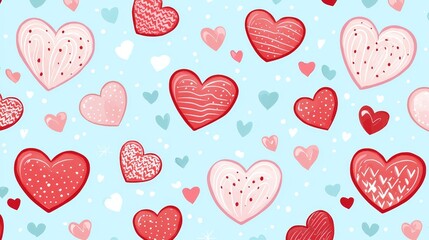 Cute doodle-style red and pink hearts with playful dots and swirls on a sky-blue background, exuding a cheerful and romantic mood