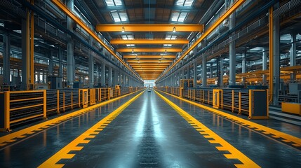 Fototapeta premium Factory interior, industrial production line, machinery, automation, manufacturing, long perspective, clean floor, website banner