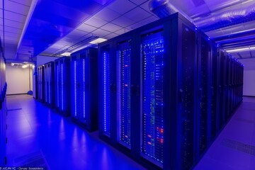 High tech ai server room with glowing blue lights and advanced technology